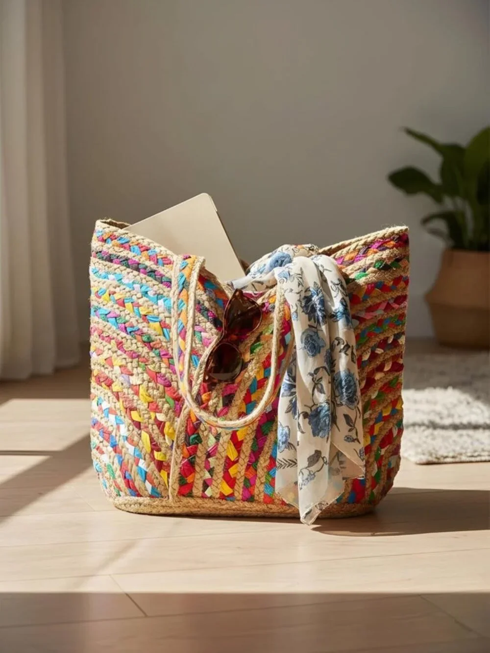 Boho Beach Tote Bag - Handmade Jute & Cotton Bucket Handbag with Tassels